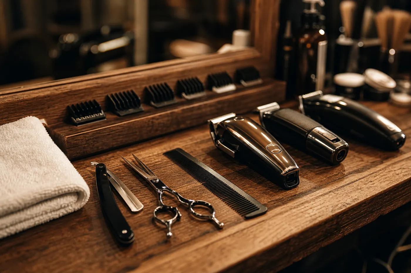 Barber tools on an oak station
